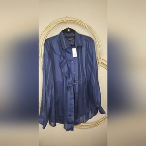 NEW Banana Republic Women's Blue Sheer Striped Blouse Tall LARGE